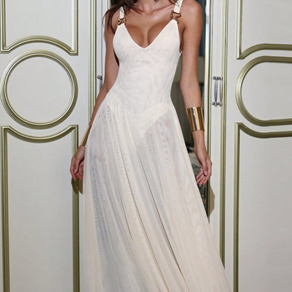 White Elegant Women's V-Neck Vacation Mesh A-Line Slip Dress